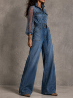 Boho Lace Puff Sleeve Collar Button Belted Wide Leg Denim Jumpsuit