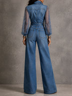 Boho Lace Puff Sleeve Collar Button Belted Wide Leg Denim Jumpsuit