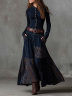 Vintage Patchwork Suede Maxi Dress With Plaid Panels