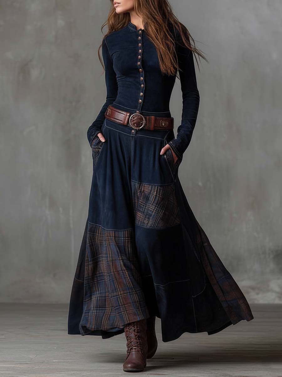 Vintage Patchwork Suede Maxi Dress With Plaid Panels