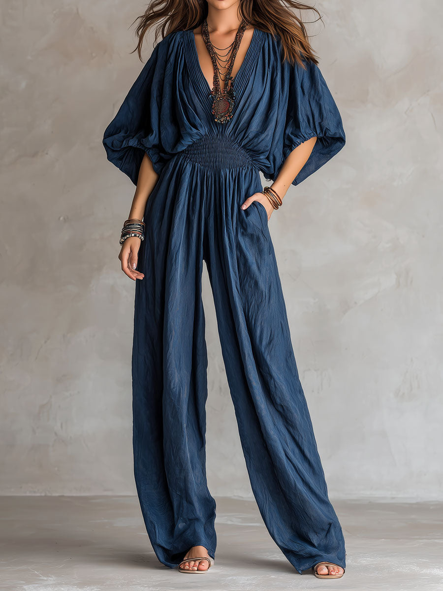 Bohemian Indigo Smocked Waist Jumpsuit