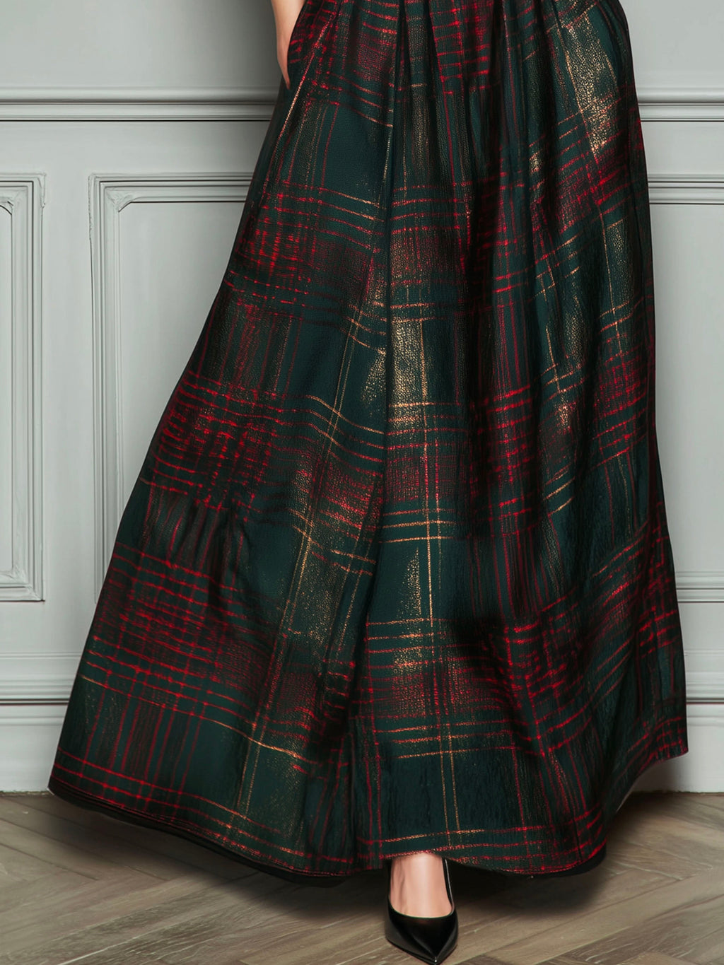 Elegant High Waist Velvet And Plaid Evening Gown With Full Skirt