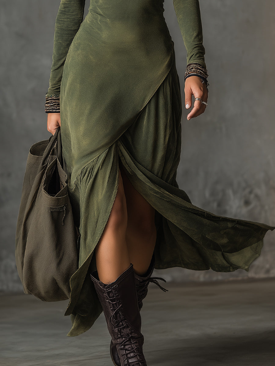 Bohemian Washed Cotton Half-zip Hem Slit Midi Dress