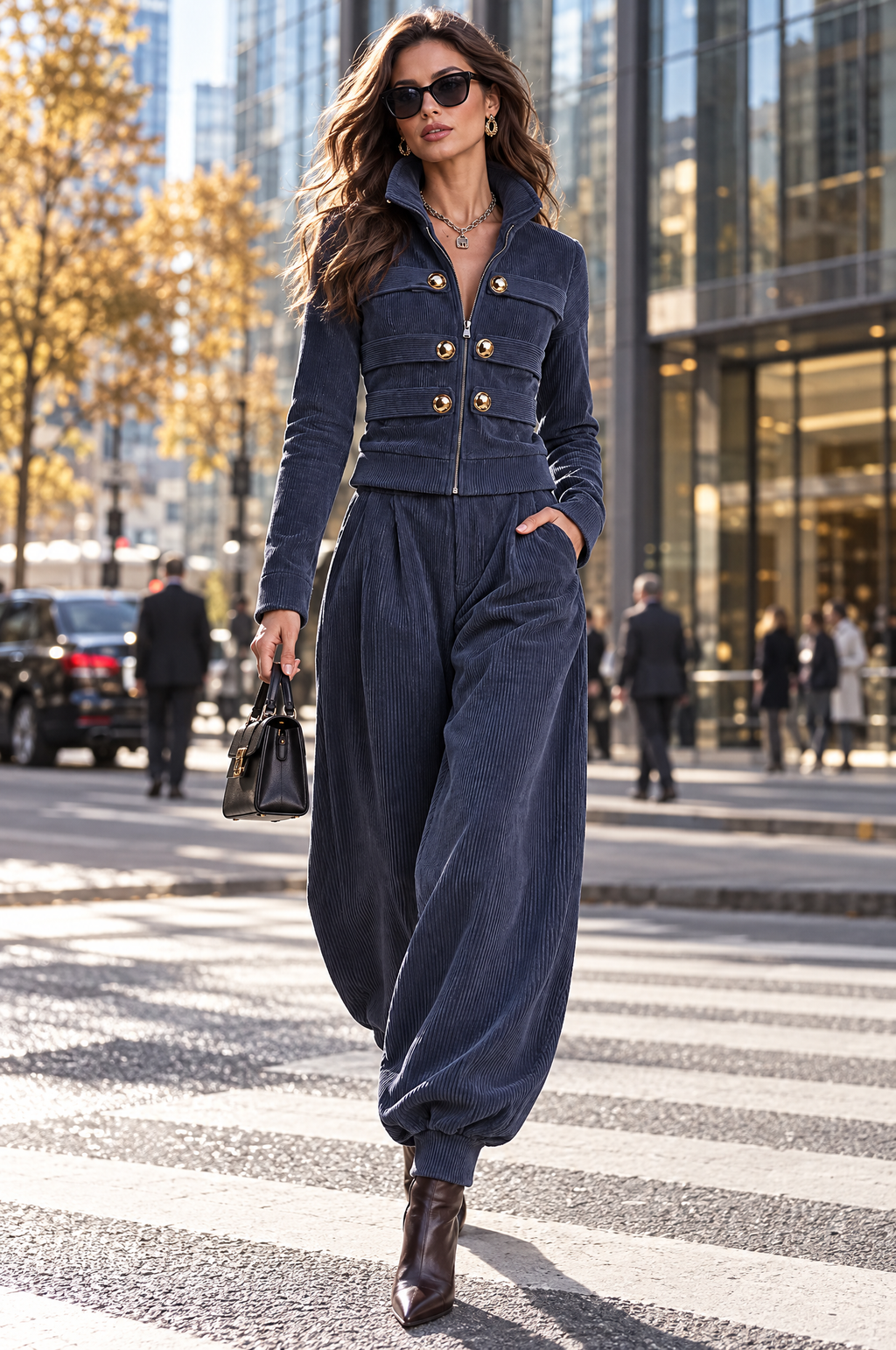 Ribbed Corduroy Zip-Up Jacket & Balloon Jogger Pants Two-Piece Set