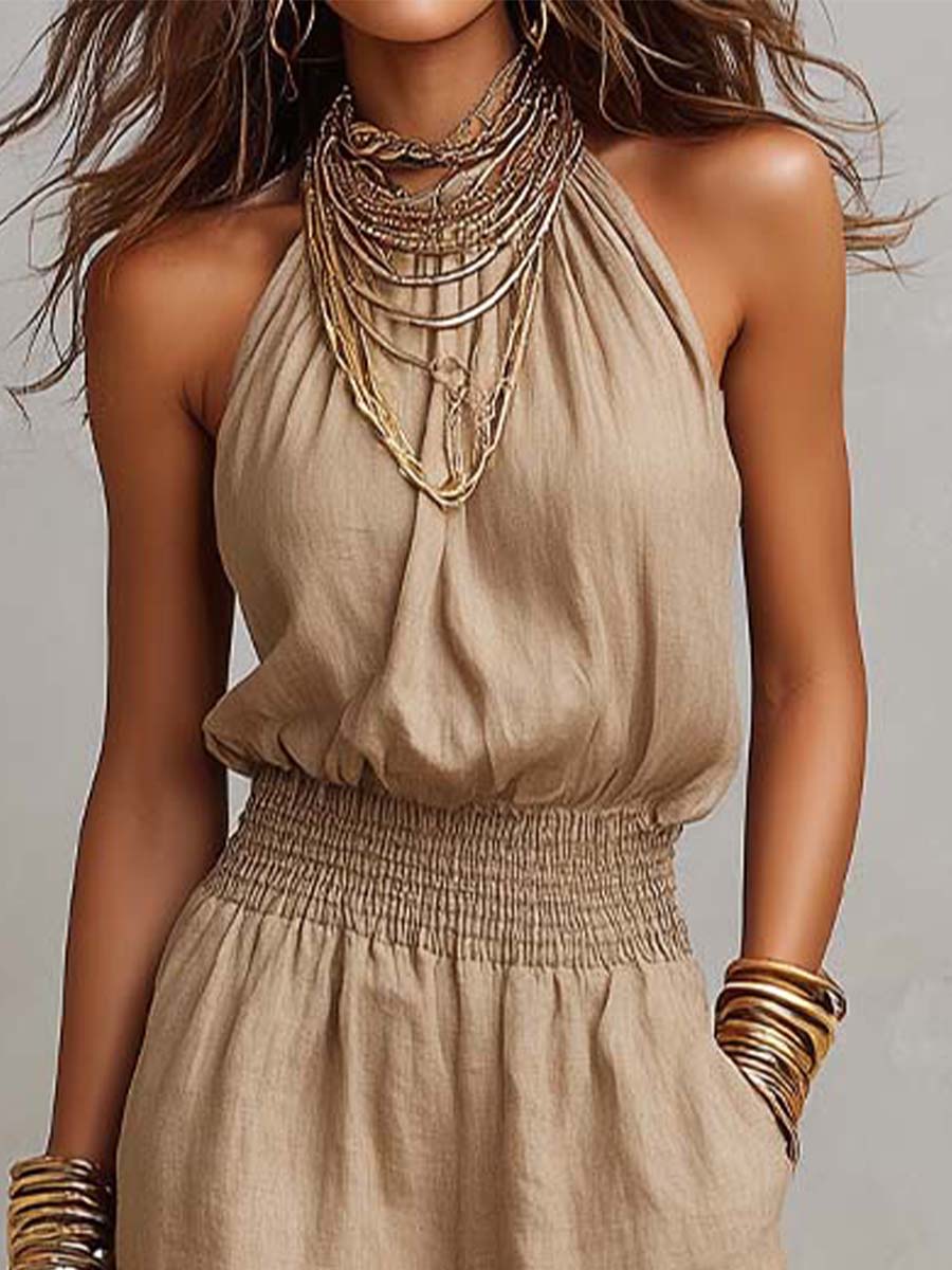 Tan Cotton Linen Halter Neck Smocked Waist Wide Leg Jumpsuit