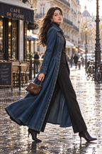 Retro Single-breasted Long Fitted Denim Trench Coat