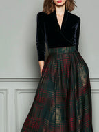 Elegant High Waist Velvet And Plaid Evening Gown With Full Skirt