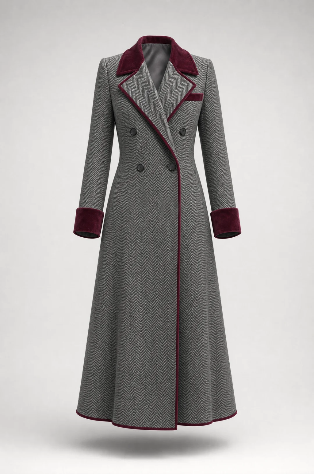 Elegant Herringbone Wool Long Coat with Velvet Trim